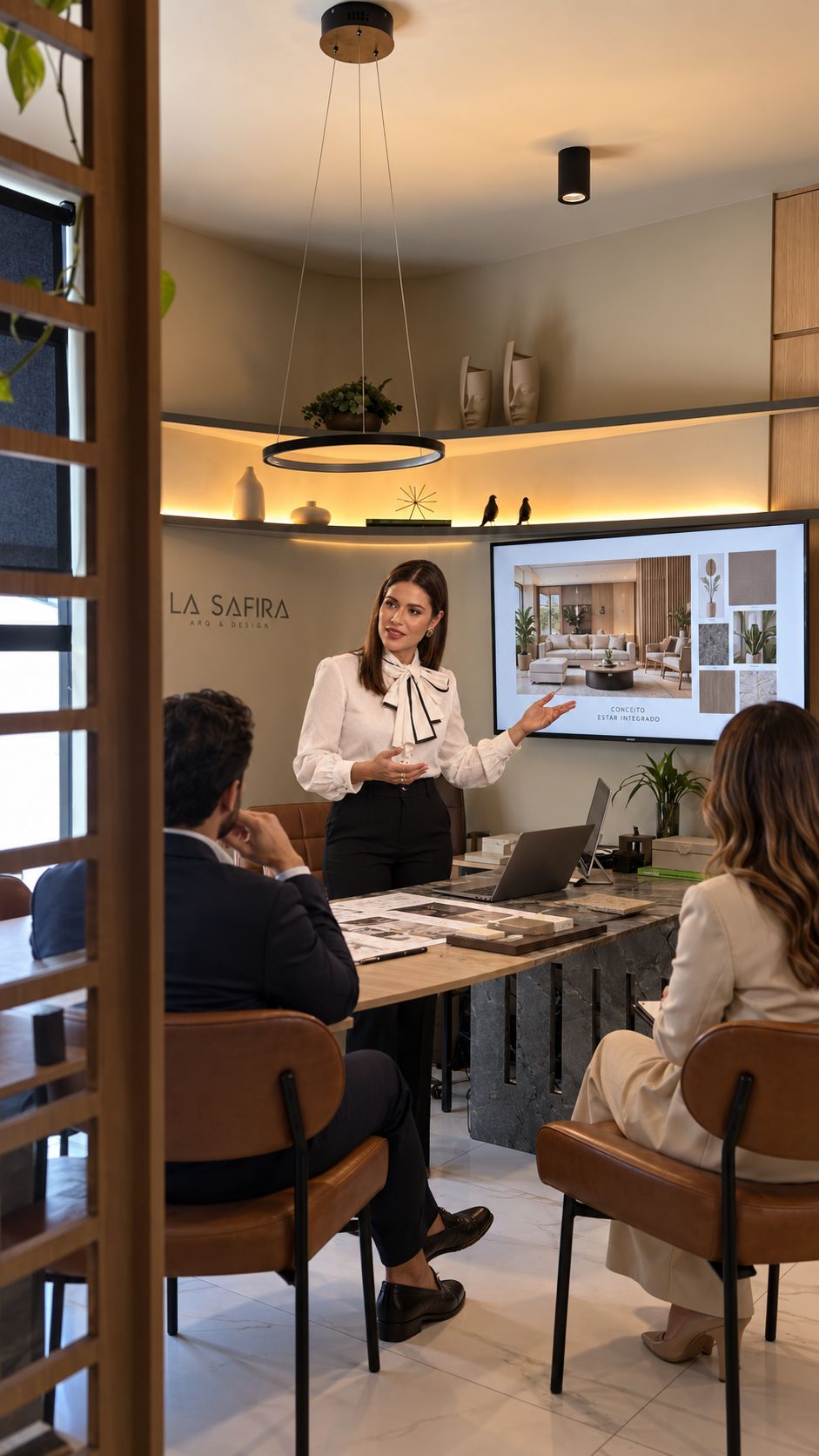 Ila Safira apresenta um projeto a clientes no escritório